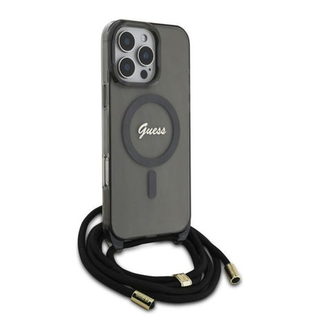 Husa de protectie Guess IML Crossbody Cord Script MagSafe (GUHMP16LHCTSGNSK) compatibil cu iPhone 16 Pro, Negru