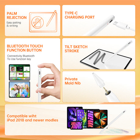 Stylus Techsuit Stylus Pen (AC10-CP), for iPad, Bluetooth, Type-C, Palm Rejection, Tilt Pressure Sense, 130mAh, 5V, 0.2A, Alb
