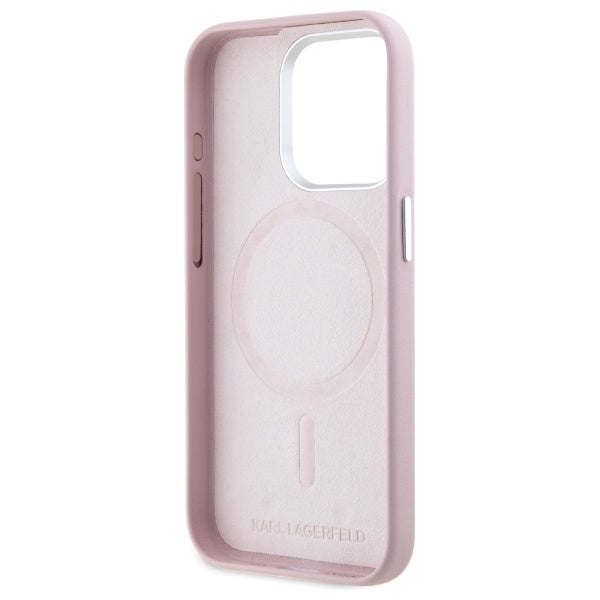 Husa de protectie Karl Lagerfeld Leather MagSafe (KLHMP15LPGMSRPP)- iPhone 15 Pro compatibil cu Pink FW Metal Plate