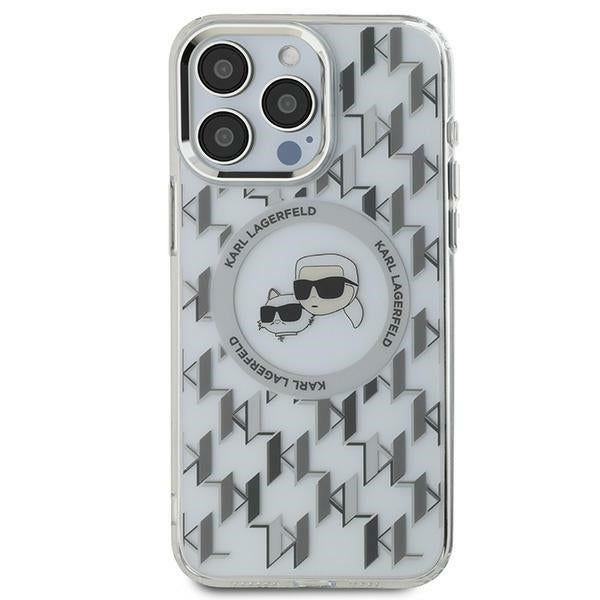 Husa de protectie Karl Lagerfeld IML MagSafe (KLHMP15SHMCKMHT) compatibil cu iPhone 15, Transparent Monogram Karl&Choupette Head