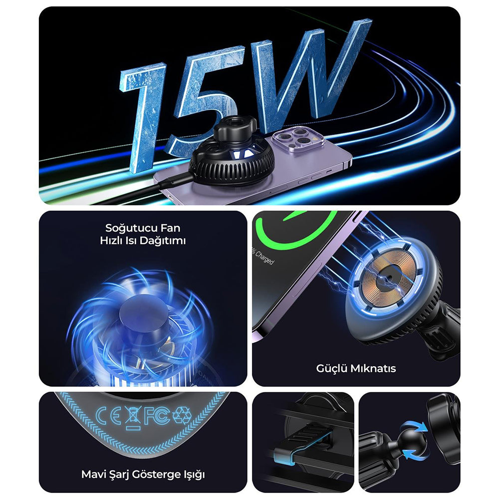 Suport Havit with Wireless Charging (W3036), with Cooler, for Air Vent, 15W, Negru