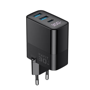 Incarcator Havit (UCLE001 EU), 2x USB, Type-C, 30W, GaN Technology, Negru