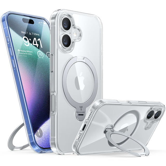 Husa de protectie Torras Ostand Spin MagSafe Series compatibil cu iPhone 16, Transparent
