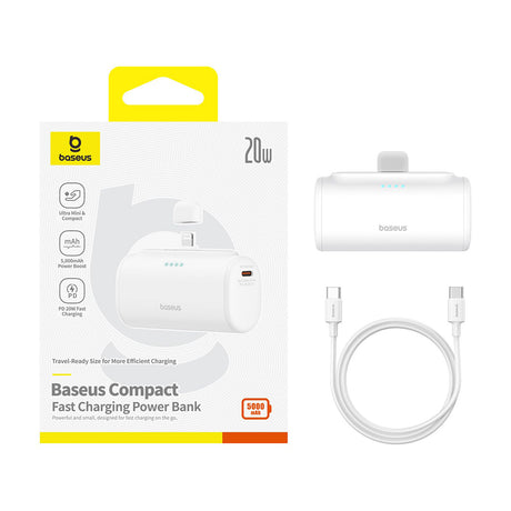 Baterie externa Baseus (P10068307213-00), Lightning, Compact Design, 20W, 5000mAh, with Cable Type-C, Alb