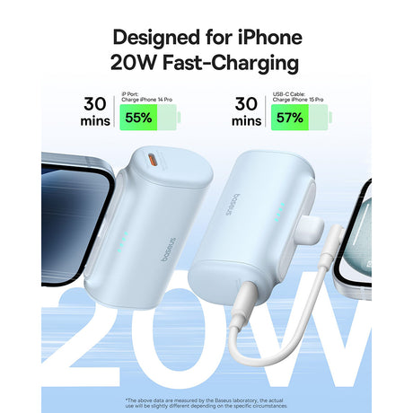 Baterie externa Baseus (P10068307313-00), Lightning, Compact Design, 20W, 5000mAh, with Cable Type-C, Bleu