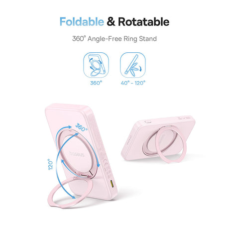 Baterie externa Baseus PicoGo (P10076800413-00), Type-C, Qi2, Fast Charging, 20W, 5000mAh, Rotable Stand, Cable Type-C, Roz