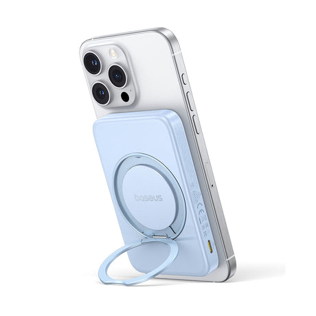 Baterie externa Baseus PicoGo (P10076800313-00), Type-C, Qi2, Fast Charging, 20W, 5000mAh, Rotable Stand, Cable Type-C, Albastru
