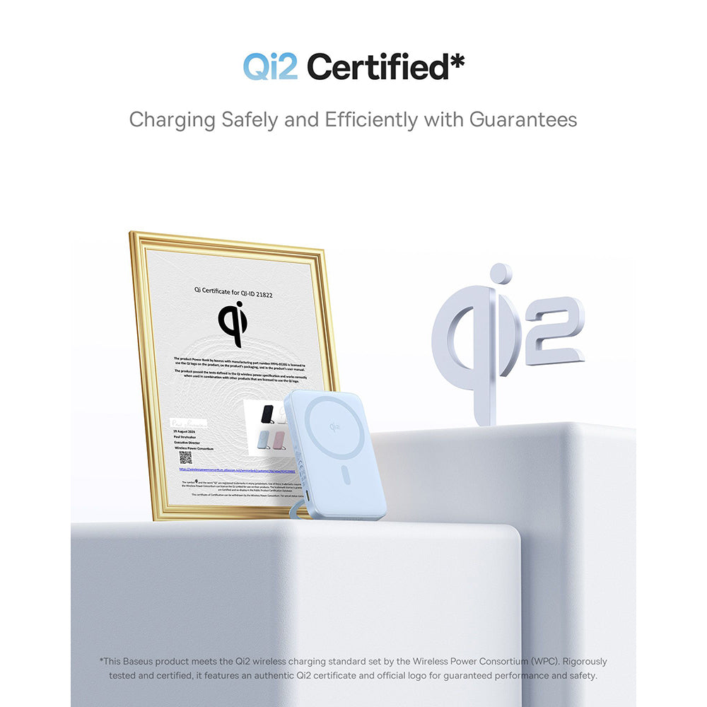 Baterie externa Baseus PicoGo (P10076800313-00), Type-C, Qi2, Fast Charging, 20W, 5000mAh, Rotable Stand, Cable Type-C, Albastru