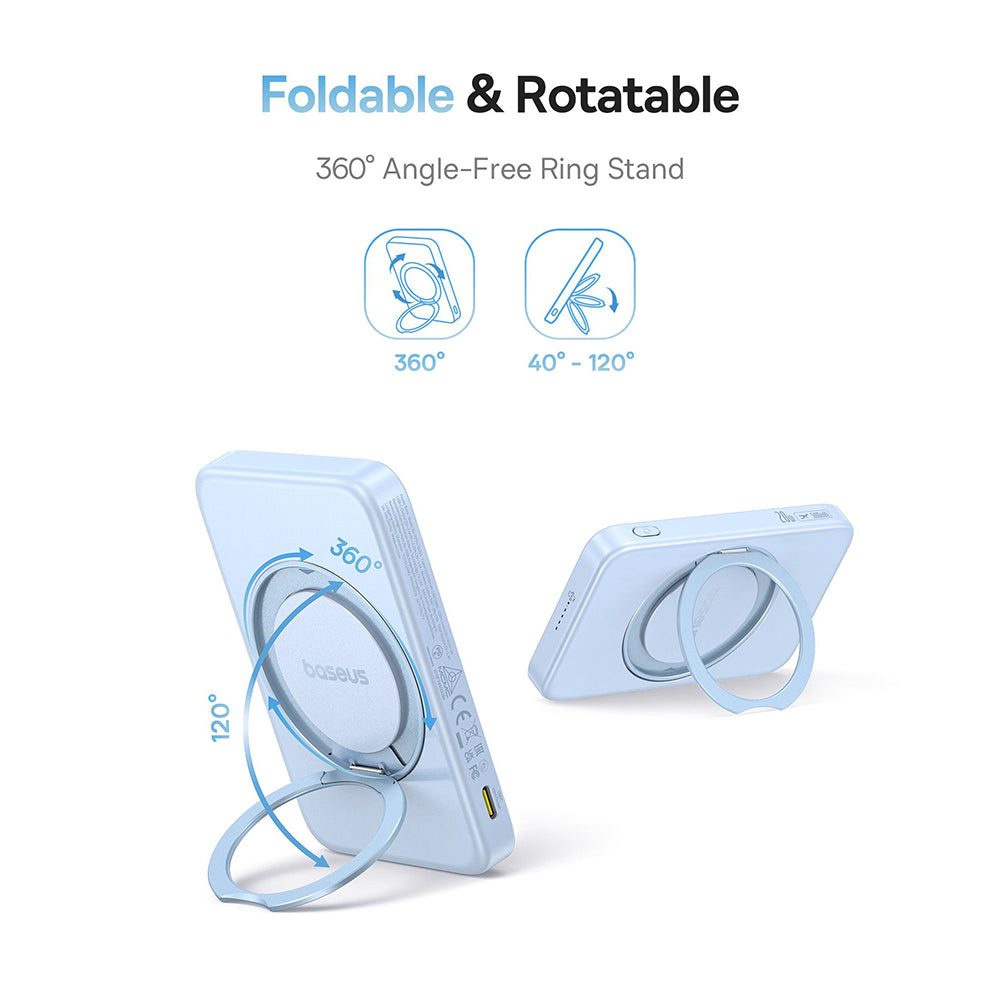 Baterie externa Baseus PicoGo (P10076800313-00), Type-C, Qi2, Fast Charging, 20W, 5000mAh, Rotable Stand, Cable Type-C, Albastru