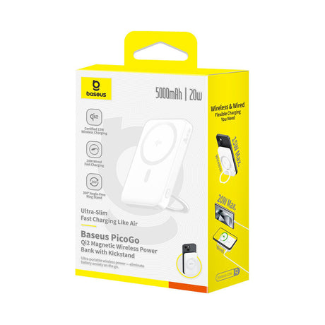 Baterie externa Baseus PicoGo (P10076800213-01), Type-C, Qi2, Fast Charging, 20W, 5000mAh, Rotable Stand, Cable Type-C, Alb