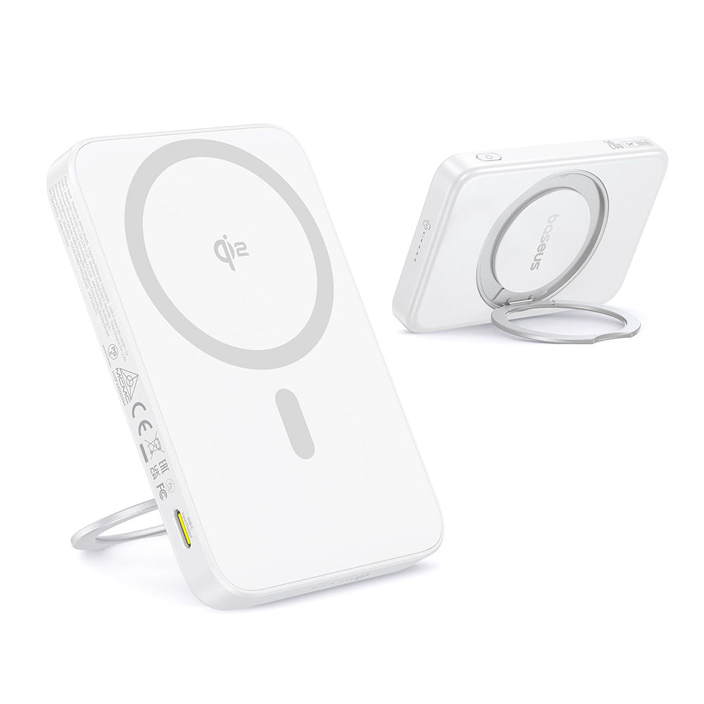 Baterie externa Baseus PicoGo (P10076800213-01), Type-C, Qi2, Fast Charging, 20W, 5000mAh, Rotable Stand, Cable Type-C, Alb