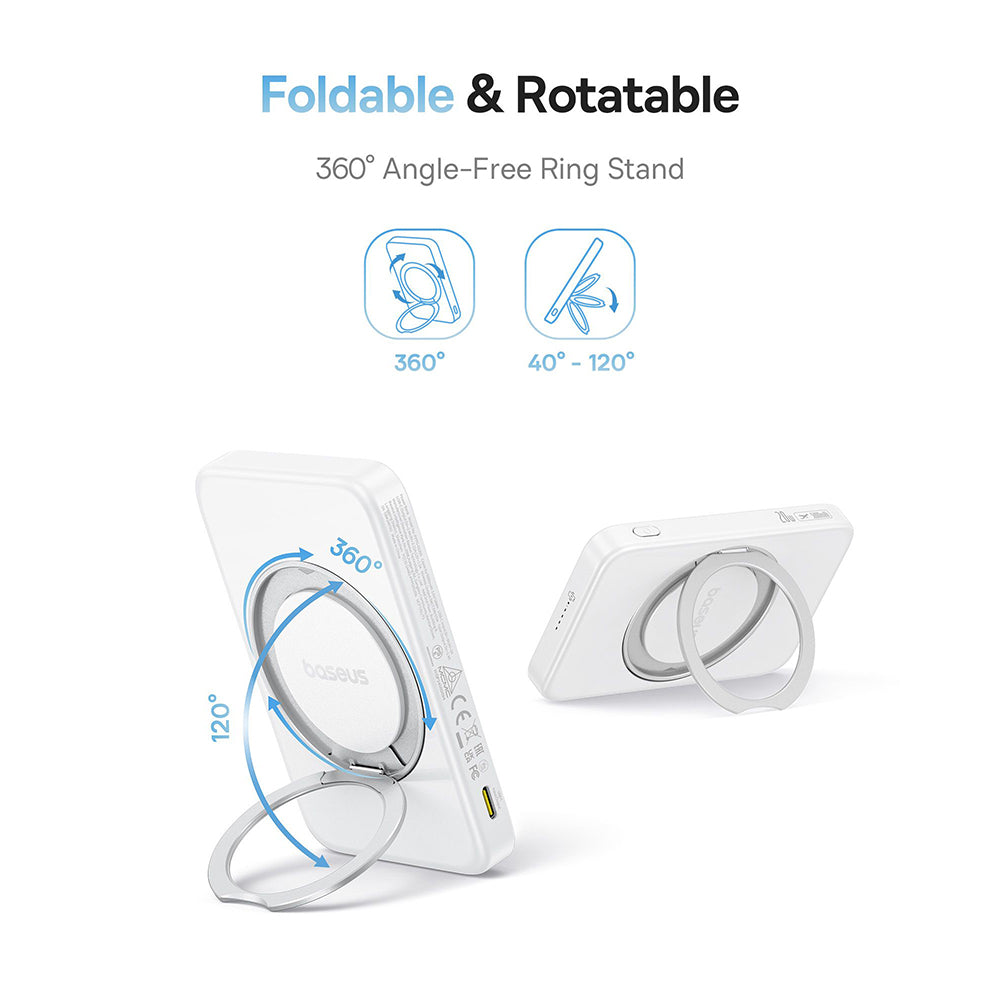 Baterie externa Baseus PicoGo (P10076800213-01), Type-C, Qi2, Fast Charging, 20W, 5000mAh, Rotable Stand, Cable Type-C, Alb