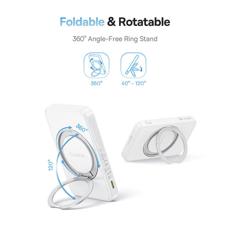 Baterie externa Baseus PicoGo (P10076800213-01), Type-C, Qi2, Fast Charging, 20W, 5000mAh, Rotable Stand, Cable Type-C, Alb