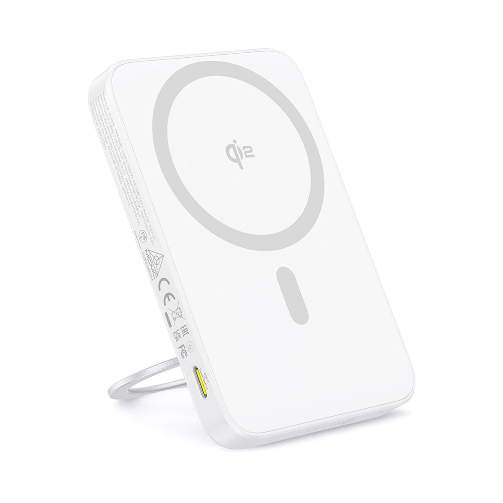 Baterie externa Baseus PicoGo (P10076800213-01), Type-C, Qi2, Fast Charging, 20W, 5000mAh, Rotable Stand, Cable Type-C, Alb