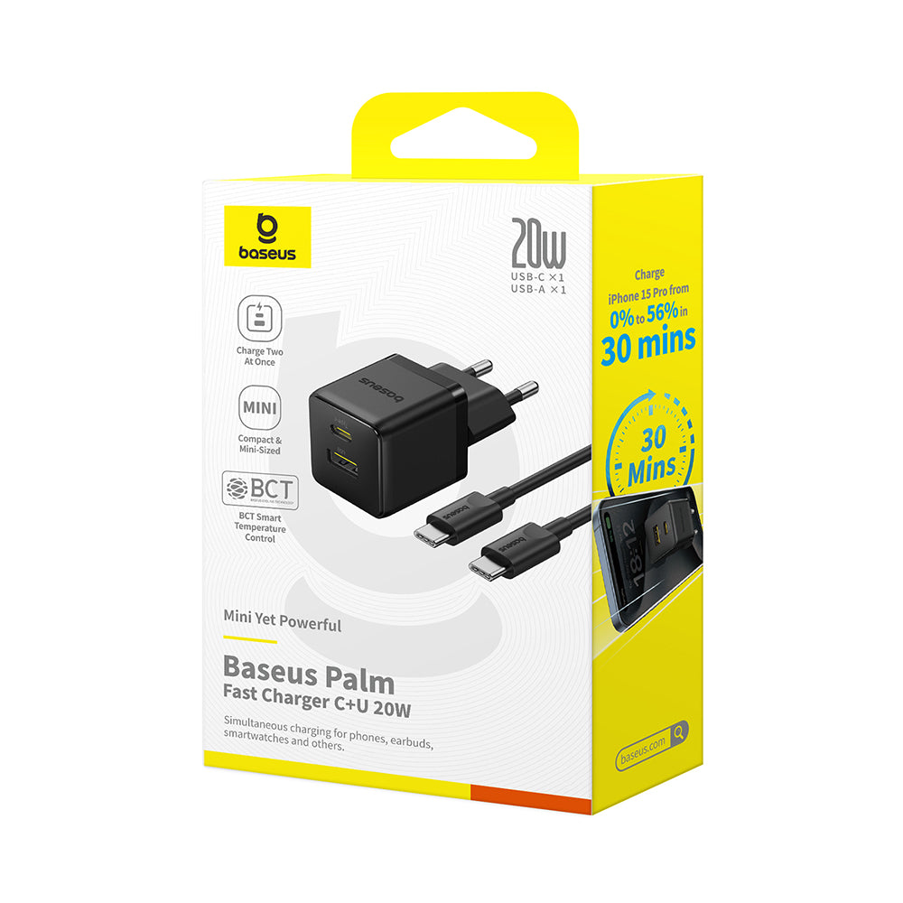 Incarcator Baseus Palm (P10111608113-01), Type-C Cable Included, 2in1 Fast Charger, USB, USB-C, 20W, 5V/3.0A, 1m, Cluster Black