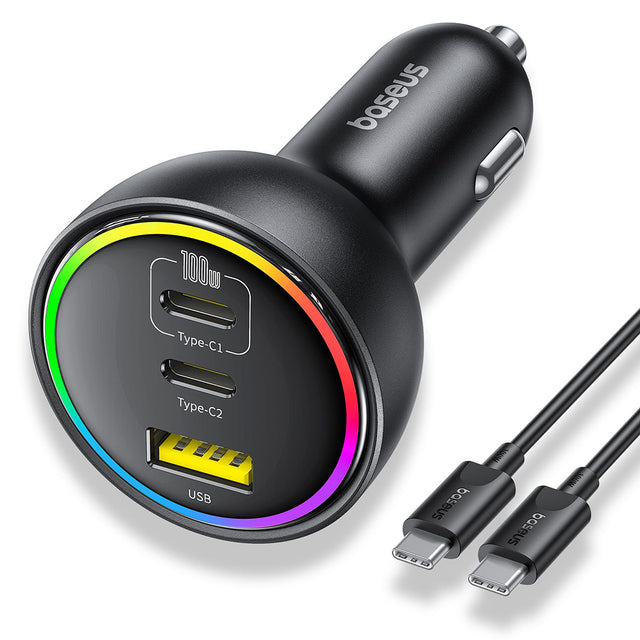 Incarcator Baseus Car (C00036101111-00), 2x USB-C, USB, 152.5W, Fast Charging, RGB Ambient Light, USB-C Cable, Cluster Black
