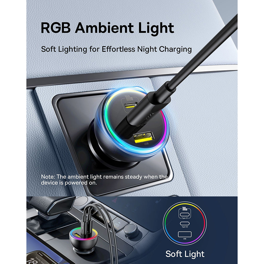Incarcator Baseus Car (C00036101111-00), 2x USB-C, USB, 152.5W, Fast Charging, RGB Ambient Light, USB-C Cable, Cluster Black