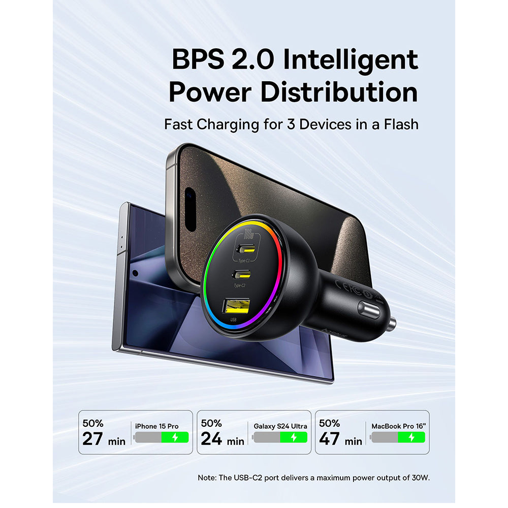 Incarcator Baseus Car (C00036101111-00), 2x USB-C, USB, 152.5W, Fast Charging, RGB Ambient Light, USB-C Cable, Cluster Black