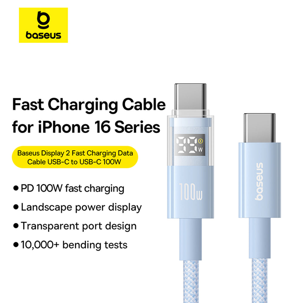 Cablu Baseus Display 2 (P10382702311-01), Fast Charging, Type-C to Type-C, Digital Display, 100W, 2m, Galaxy Blue