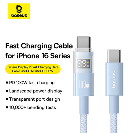 Cablu Baseus Display 2 (P10382702311-01), Fast Charging, Type-C to Type-C, Digital Display, 100W, 2m, Galaxy Blue