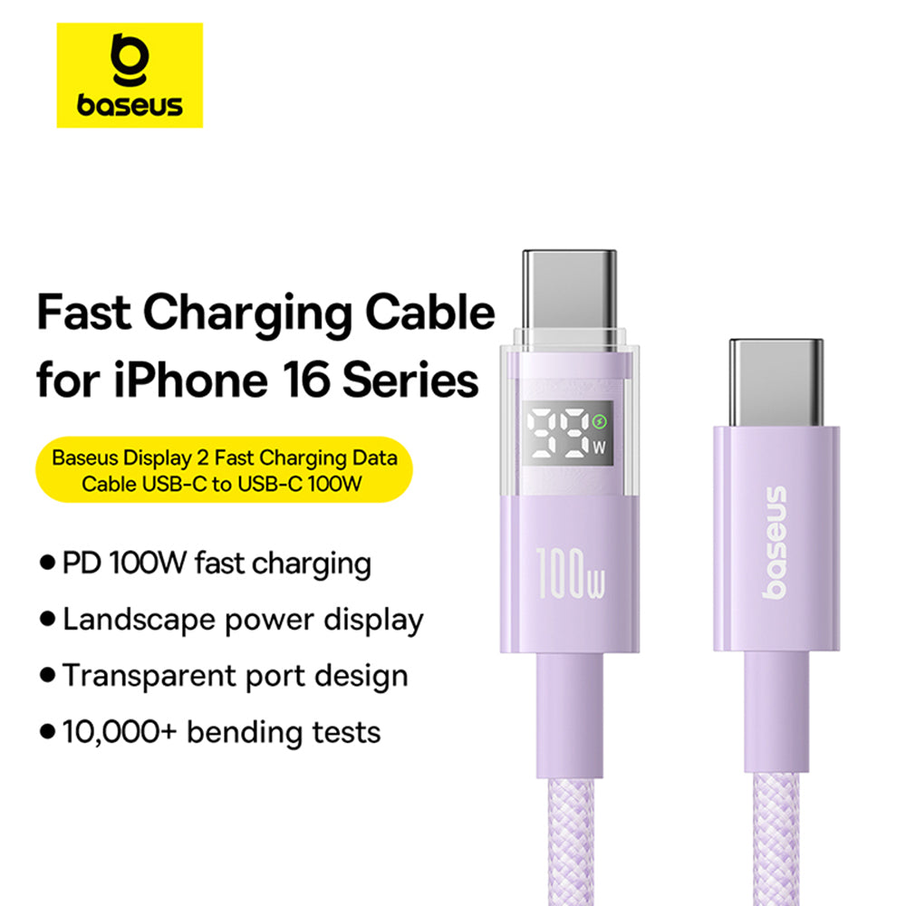 Cablu Baseus Display 2 (P10382702511-00), Fast Charging, Type-C to Type-C, Digital Display, 100W, 1m, Nebula Purple