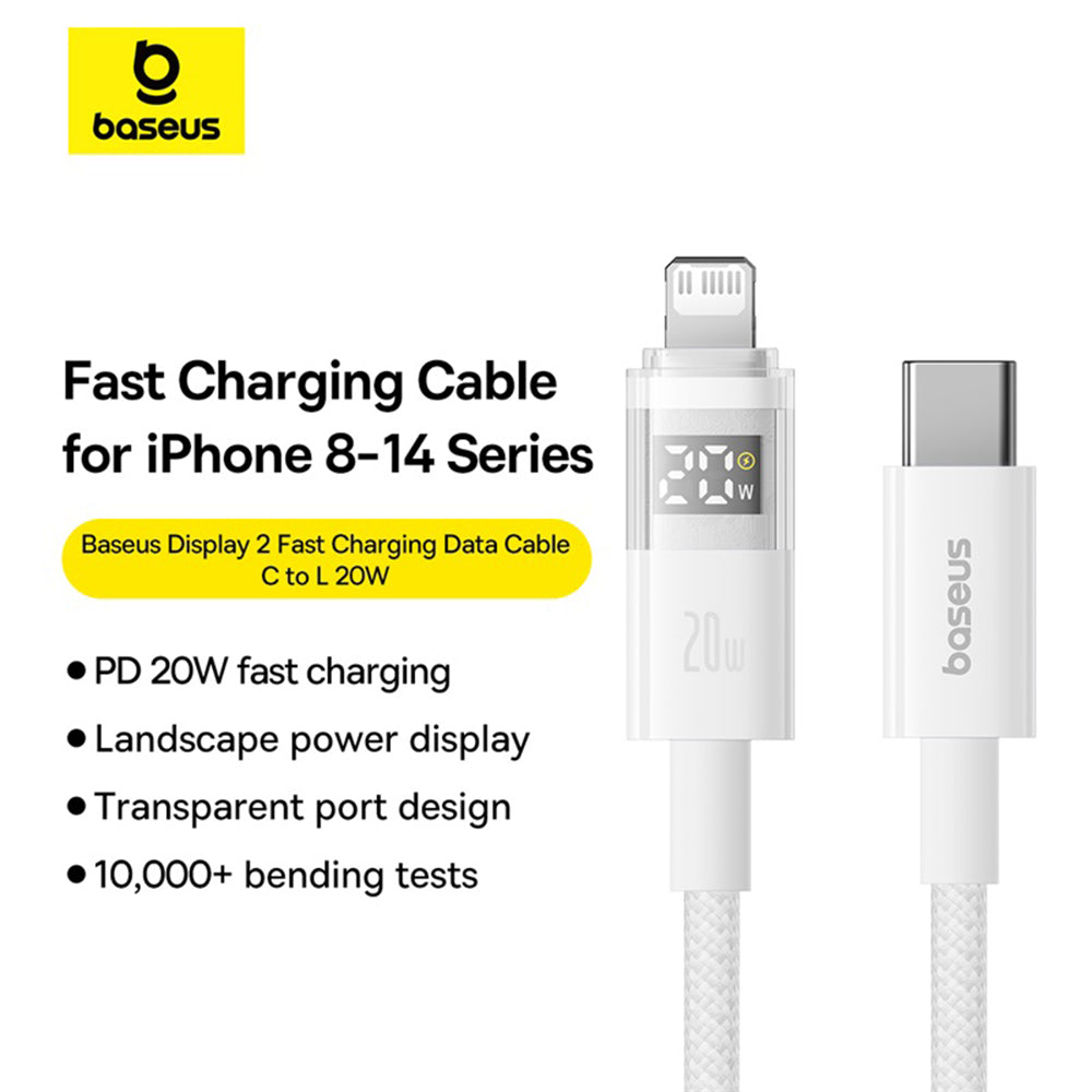 Cablu Baseus Display 2 (P10382703211-01), Fast Charging, Type-C to Lightning, Digital Display, 20W, 2m, Moon White