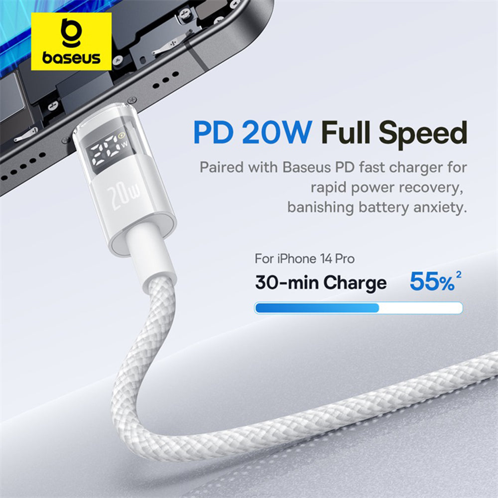 Cablu Baseus Display 2 (P10382703211-01), Fast Charging, Type-C to Lightning, Digital Display, 20W, 2m, Moon White