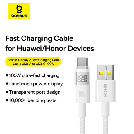 Cablu Baseus Display 2 (P10382701211-00), Fast Charging, USB to Type-C, Digital Display, 100W, 1m, Moon White