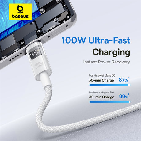 Cablu Baseus Display 2 (P10382701211-00), Fast Charging, USB to Type-C, Digital Display, 100W, 1m, Moon White