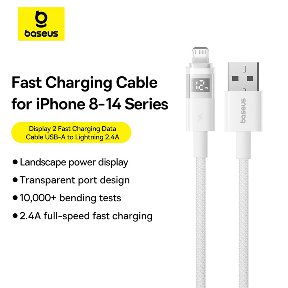 Cablu Baseus Display 2 (P10382700211-01), USB to Lightning, Fast Charging, Digital Display, 2.4A, 2m, Moon White