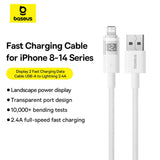 Cablu Baseus Display 2 (P10382700211-01), USB to Lightning, Fast Charging, Digital Display, 2.4A, 2m, Moon White