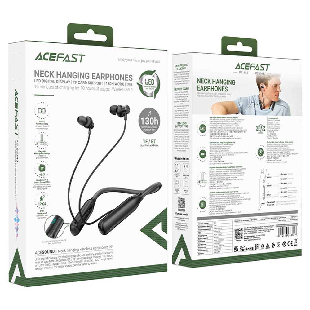 Casti Acefast Bluetooth Earphones (N4), Behind the Head, Neckband, Bluetooth 5.3, IPX4, LED Display, 800mAh, Negru