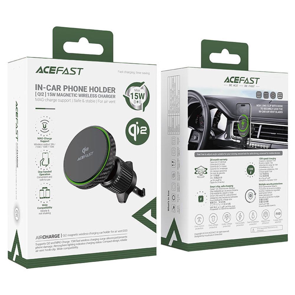 Suport Acefast with Wireless Charging (D33), for iPhone, Magnetic Grip, for Air Vent, Qi2, LED Light, 15W, Negru