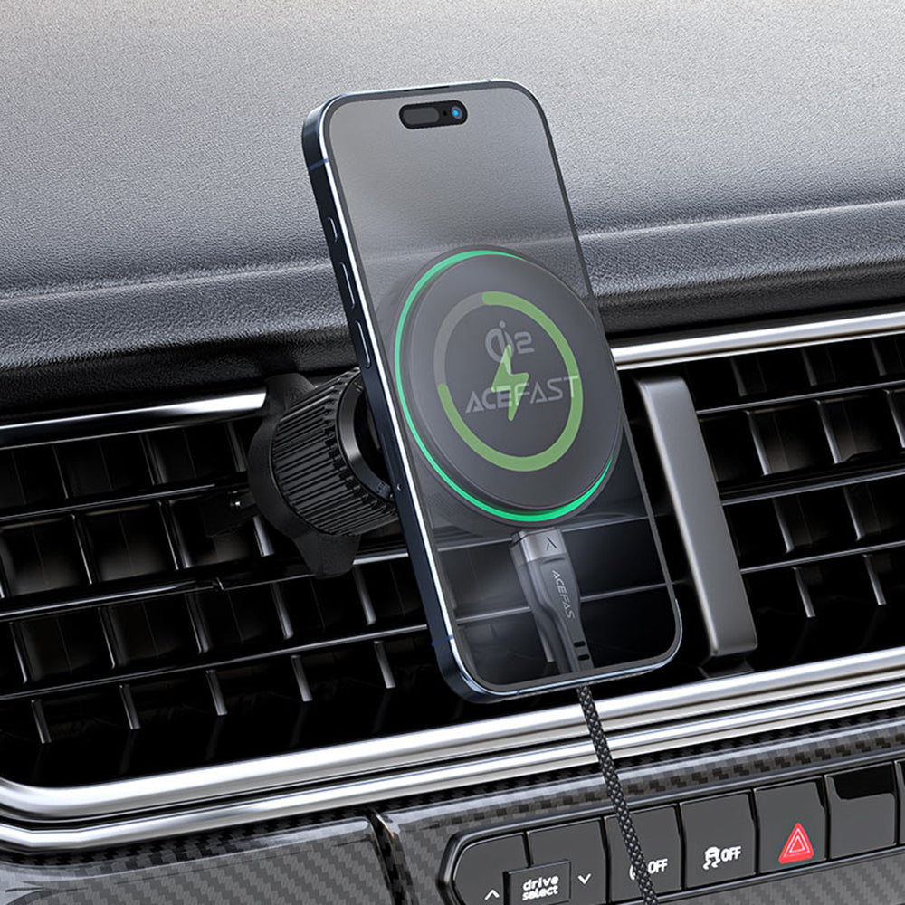 Suport Acefast with Wireless Charging (D33), for iPhone, Magnetic Grip, for Air Vent, Qi2, LED Light, 15W, Negru
