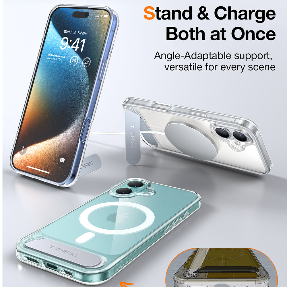 Husa de protectie Torras Pstand MagSafe compatibil cu iPhone 16, Transparent