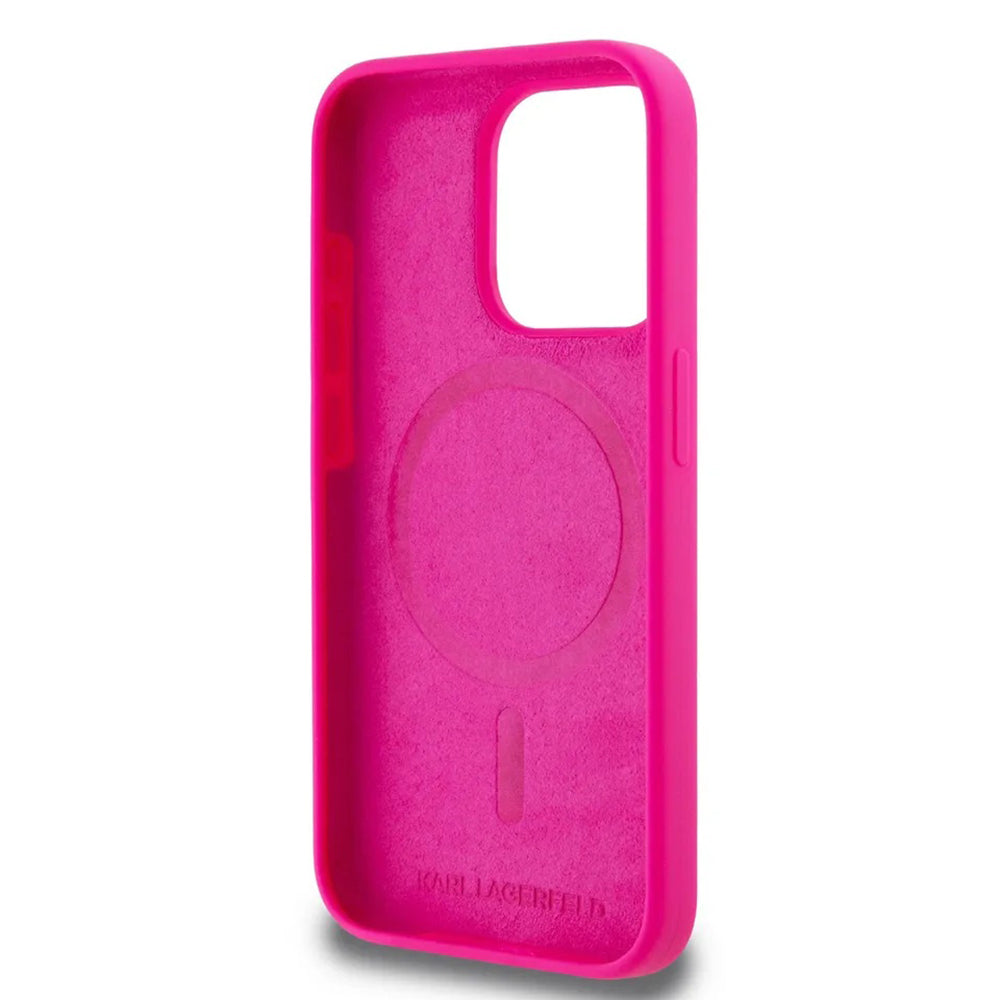 Husa de protectie Karl Lagerfeld Silicone MagSafe (KLHMP15XSKHPPLF) compatibil cu iPhone 15 Pro Max, Fuchsia Karl`S Head