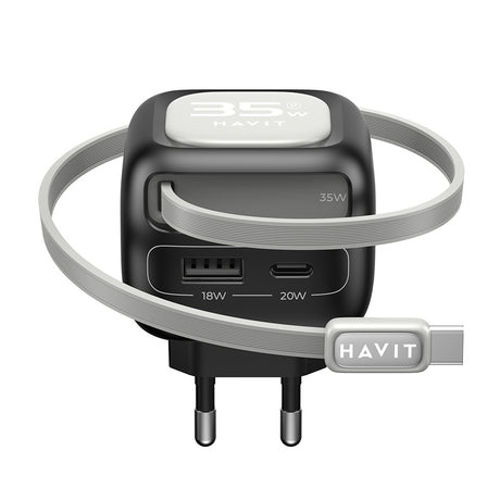 Incarcator Havit (UC251 EU), Type-C Retractable Cable, Type-C, USB, GaN, 35W, Negru / Gray