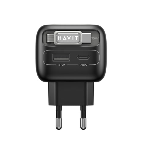 Incarcator Havit (UC251 EU), Type-C Retractable Cable, Type-C, USB, GaN, 35W, Negru / Gray