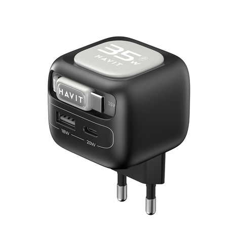 Incarcator Havit (UC251 EU), Type-C Retractable Cable, Type-C, USB, GaN, 35W, Negru / Gray