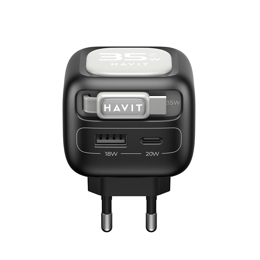 Incarcator Havit (UC251 EU), Type-C Retractable Cable, Type-C, USB, GaN, 35W, Negru / Gray