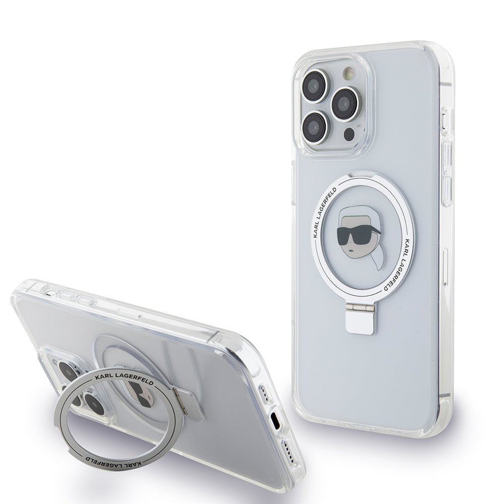Husa de protectie Karl Lagerfeld Hardcase Ring Stand MagSafe (KLHMP15LHMRSKHH) compatibil cu iPhone 15 Pro, Alb Karl Head