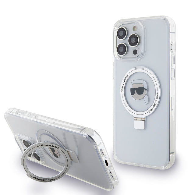 Husa de protectie Karl Lagerfeld Hardcase Ring Stand MagSafe (KLHMP15LHMRSKHH) compatibil cu iPhone 15 Pro, Alb Karl Head