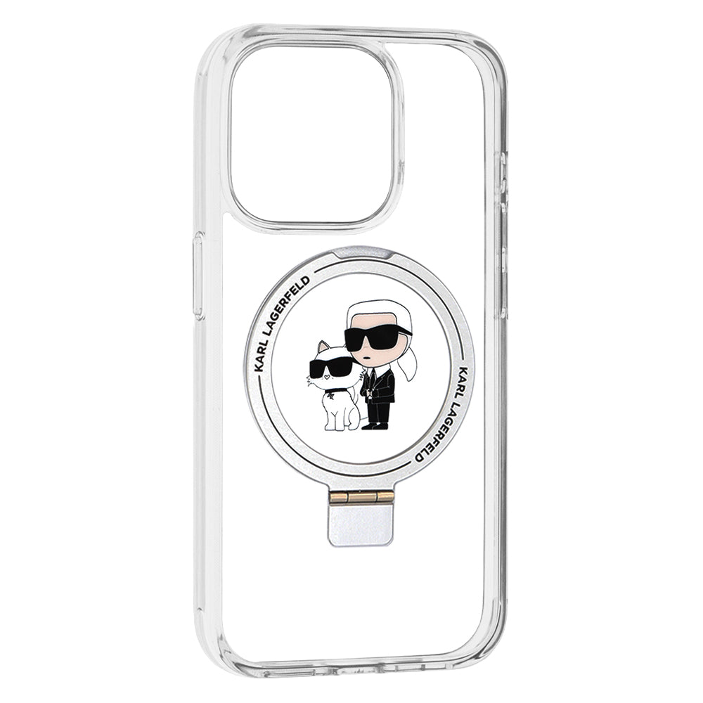 Husa de protectie Karl Lagerfeld Hardcase Ring Stand MagSafe (KLHMP15LHMRSKCH) compatibil cu iPhone 15 Pro, Alb Karl&Choupette