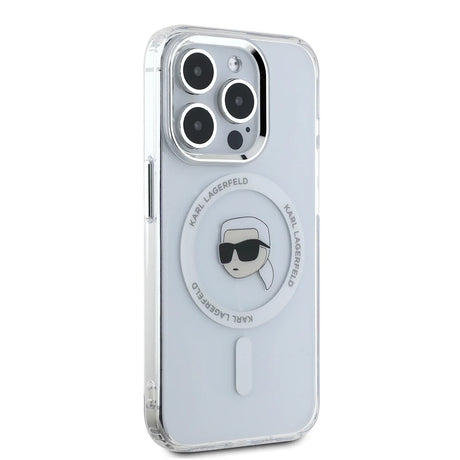 Husa de protectie Karl Lagerfeld IML MagSafe (KLHMP16LHLSKIH) compatibil cu iPhone 16 Pro, Alb Metal Karl`S Head