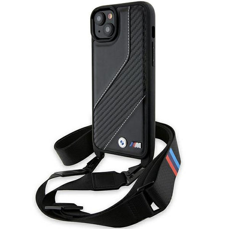 Husa de protectie BMW Leather M Edition Carbon Stripe & Strap compatibil cu iPhone 15 Plus (BMHCP15M23PSCCK), Negru