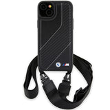 Husa de protectie BMW Leather M Edition Carbon Stripe & Strap compatibil cu iPhone 15 Plus (BMHCP15M23PSCCK), Negru