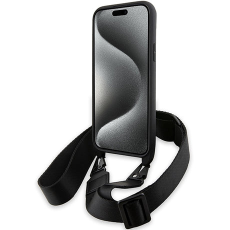 Husa de protectie BMW Leather M Edition Carbon Stripe & Strap compatibil cu iPhone 15 Plus (BMHCP15M23PSCCK), Negru