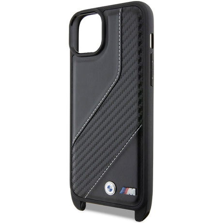 Husa de protectie BMW Leather M Edition Carbon Stripe & Strap compatibil cu iPhone 15 Plus (BMHCP15M23PSCCK), Negru