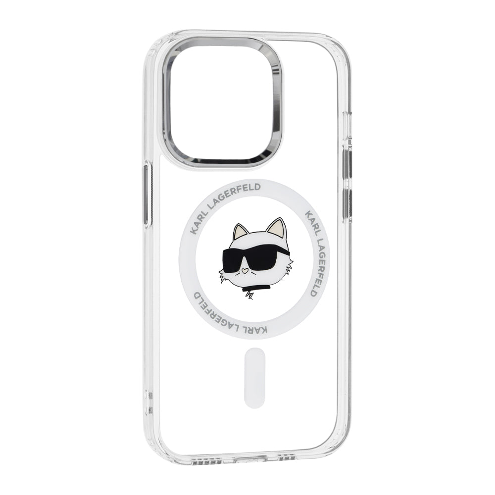 Husa de protectie Karl Lagerfeld IML MagSafe (KLHMP14LHLSCHH) compatibil cu iPhone 14 Pro, Alb Metal Choupette`S Head