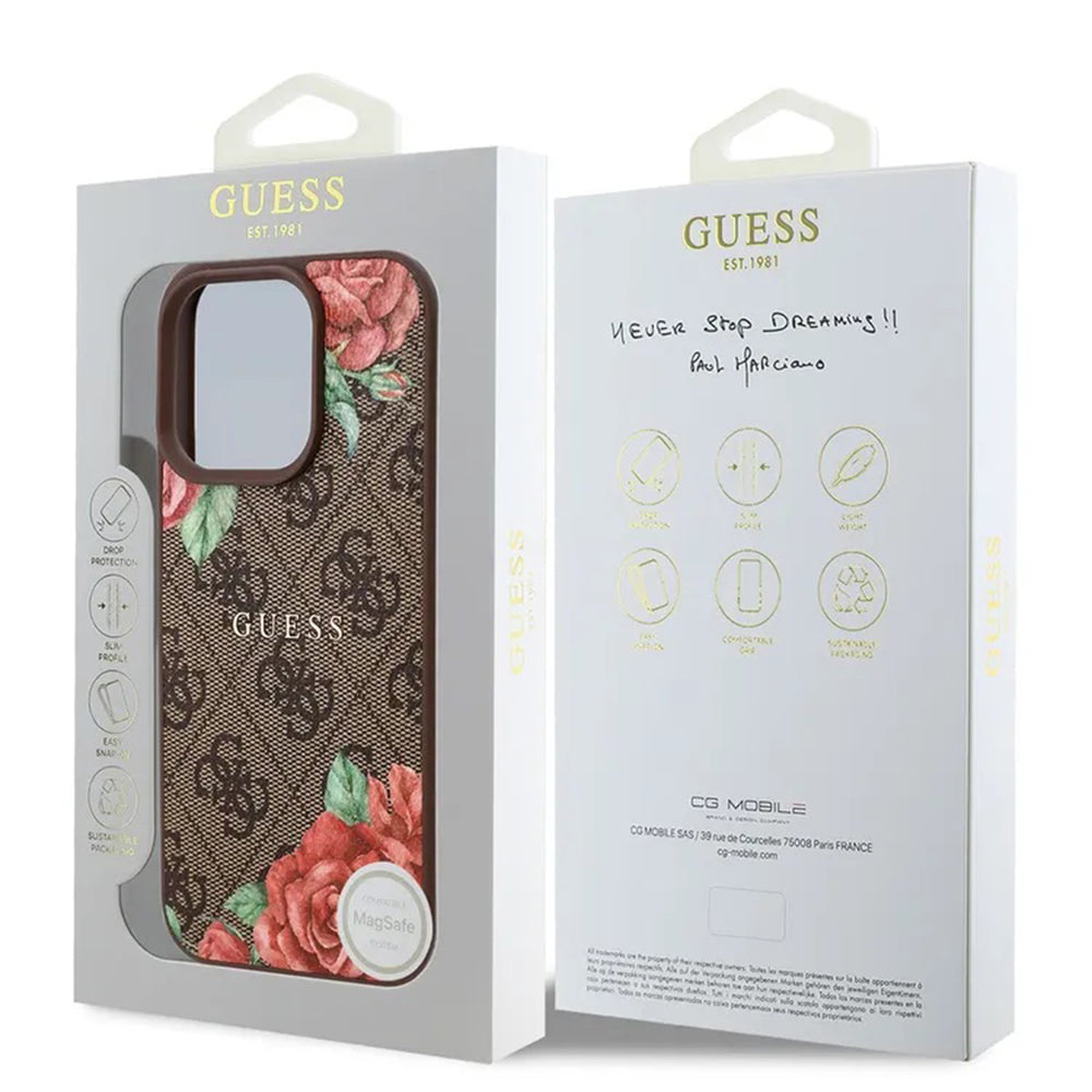 Guess Hardcase 4G Flower Print MagSafe barna tok iPhone 16 Pro Max készülékhez